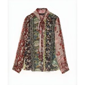 Zara Bow Tie Long Sleeve Blouse in a Floral Patchwork Pattern Size XS